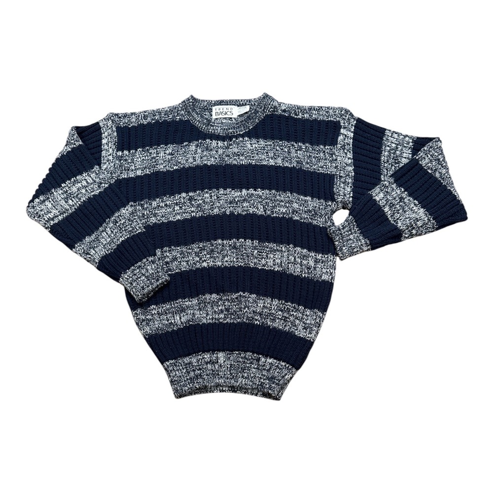 Vintage Trend Basics Navy Blue Marled Grey Striped Knit Sweater Mens Medium